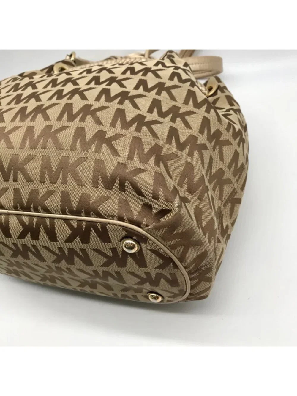 Michael Kors Brown & Gold Monogram Canvas Gathered Jet Set Tote Bag